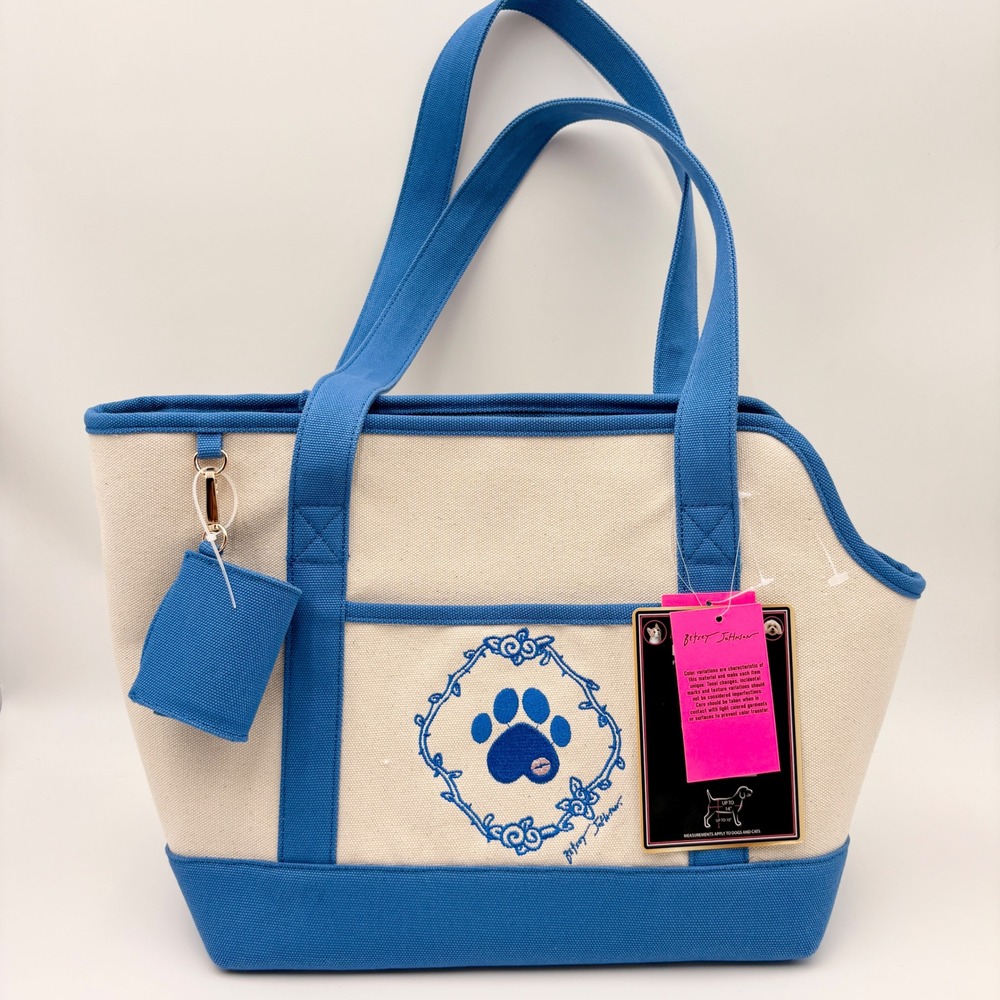Betsey Johnson Navy Cream Canvas Embroidery Pet Carrier Tote Bag Dog Lover
